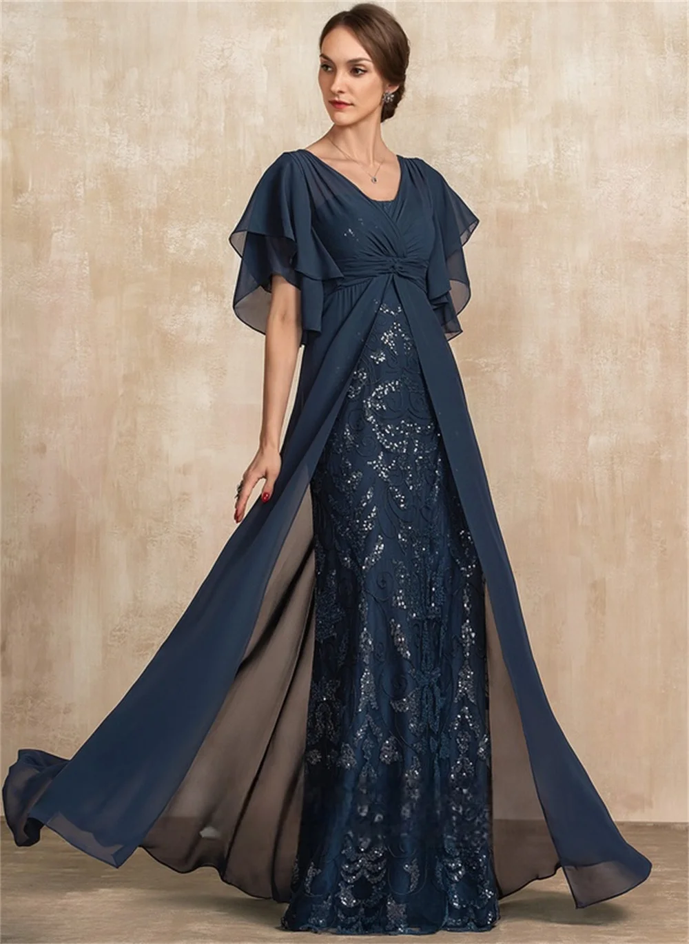 Sheath/Column V-Neck Floor-Length Chiffon Lace Mother Of The Bride Dresses With Ruffle Sequins 2022 Temperament Evening A-Line