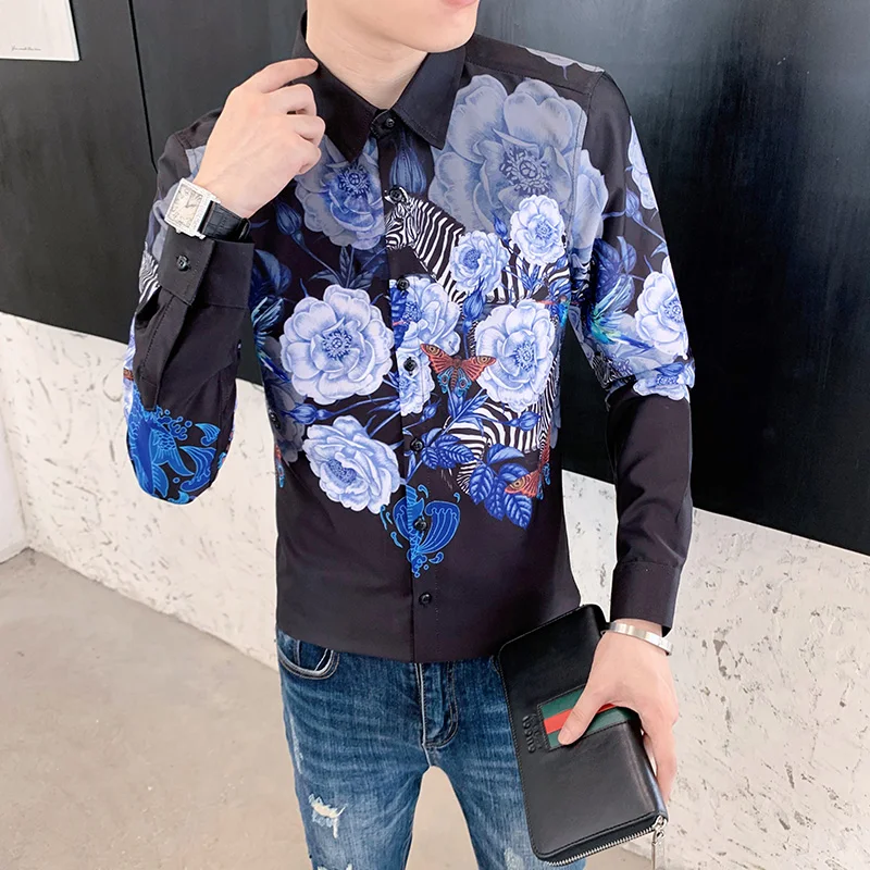 

2022 Spring Floral Print Mens Shirts Slim Fit Long Sleeve Chemise Homme Streetwear Fashion Social Party Dress Shirt 3XL-M
