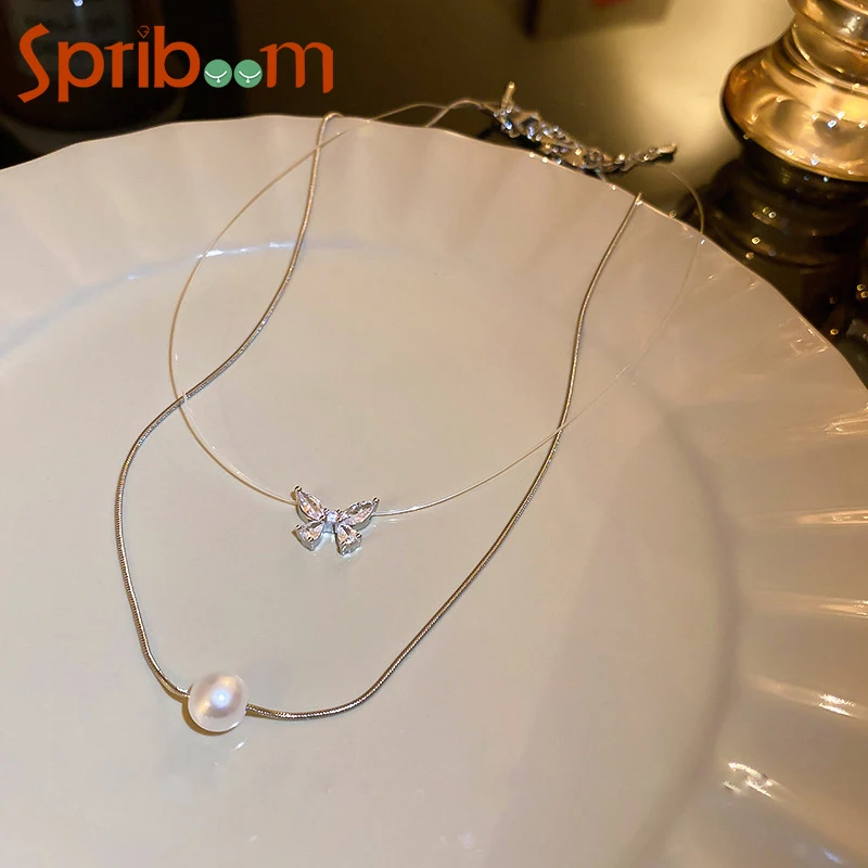 

Zircon Butterfly Pearl Necklaces Double Layers Temperament Necklace Luxury Niche Jewelry for Women Wedding Party Clavicle Chains