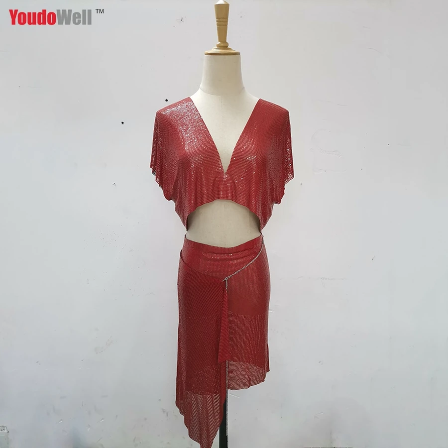 

Festival and Rave Clothing Fashion Nightclub Sexy Metal Sequins Women Piece Set Backless Sequined Crop Top Split Side Cut Skirt