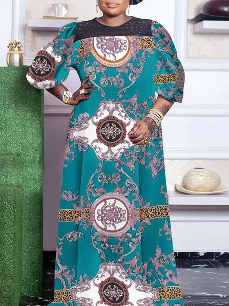 Plus Size 5XL VONDA Summer Maxi Dress 2023 Women Bohemian Puff Sleeve Vintage Printed Party Sundress Casual Lace Patchwork Robe