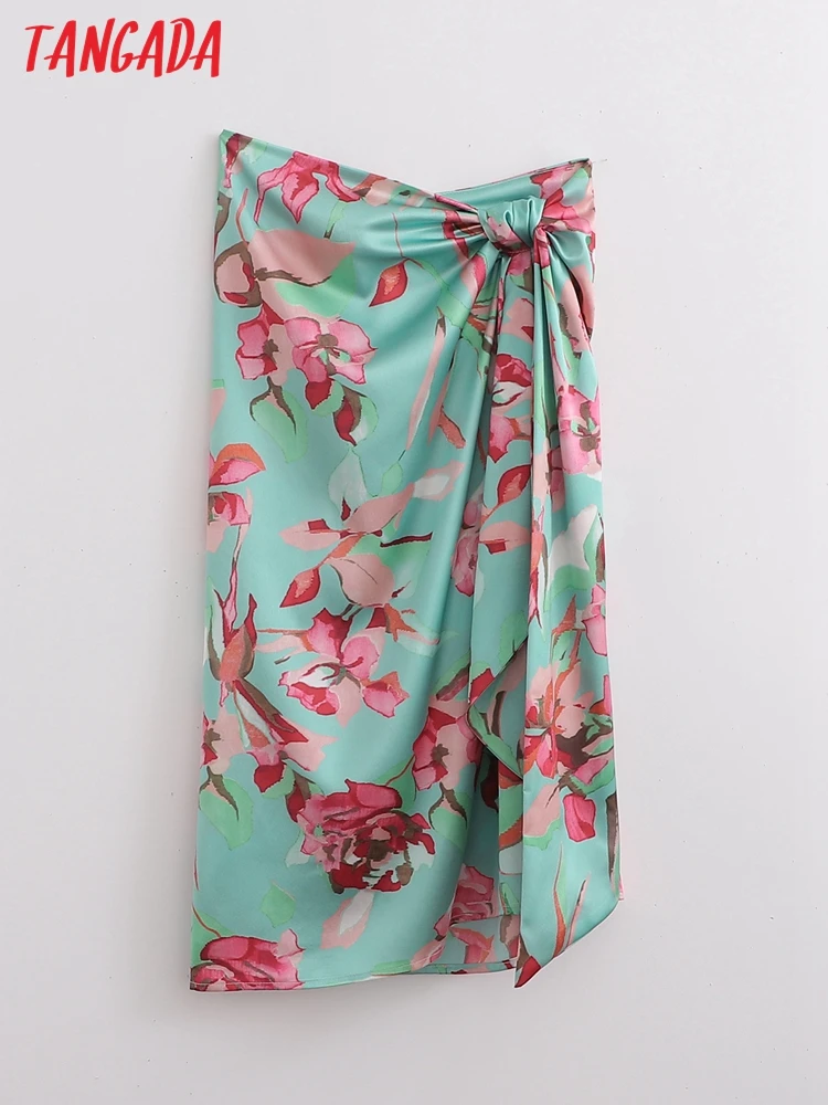 

Tangada 2022 New Women Flower Pleated Bow Midi Skirt Vintage Zipper Ladies Chic Mid Calf Skirts 1D24