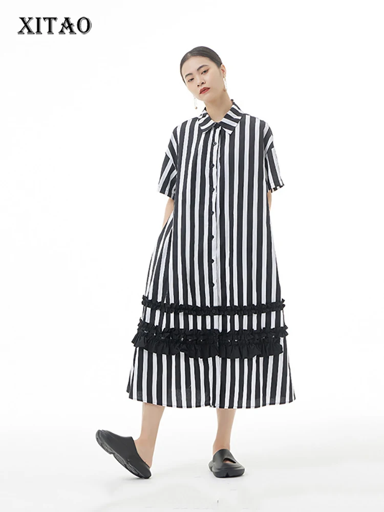 

XITAO Striped Shirt Dress Contrast Color Splicing Edible Tree Fungus Hem Summer New Simplicity Temperament Women WMD6975