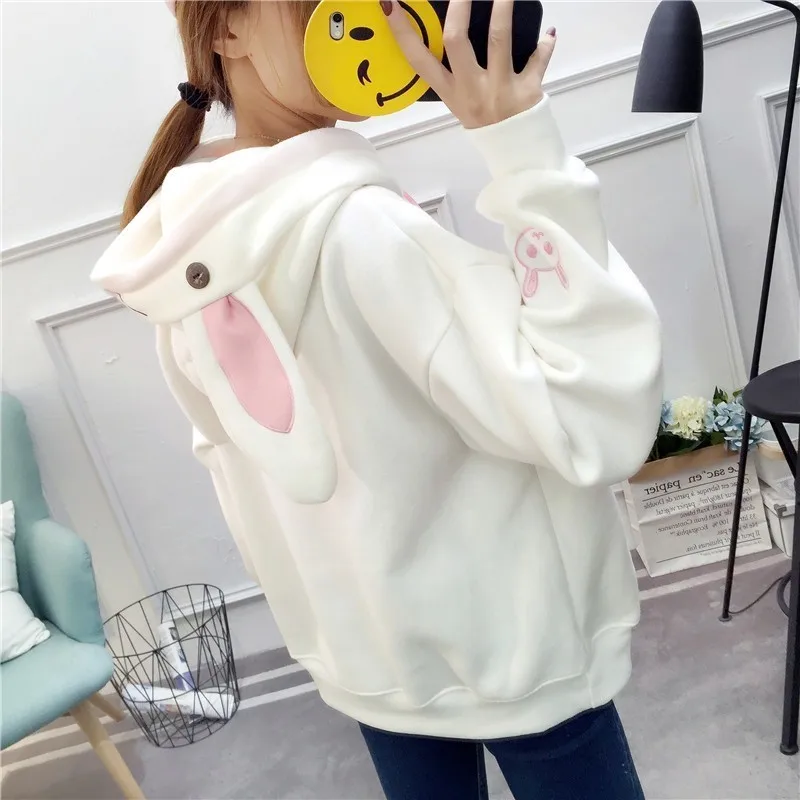 

Women Loose Embroidery Cartoon Tracksuits Pullovers Kawaii Sweet Rabbit Ears Hooded Sweatshirt Female Harajuku Hoodies Oversize