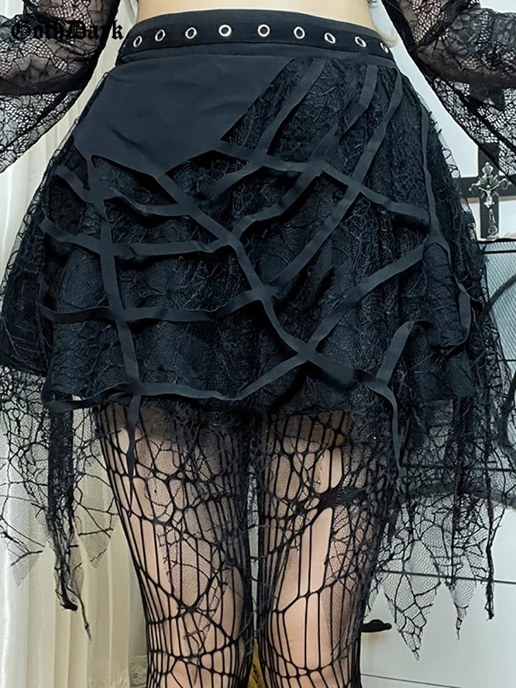 

Goth Dark Spider Web Punk Mesh Tassel Mini Skirts Mall Gothic Grunge High Waist A-line Skirt For Women Eyelet Party Alt Clothes
