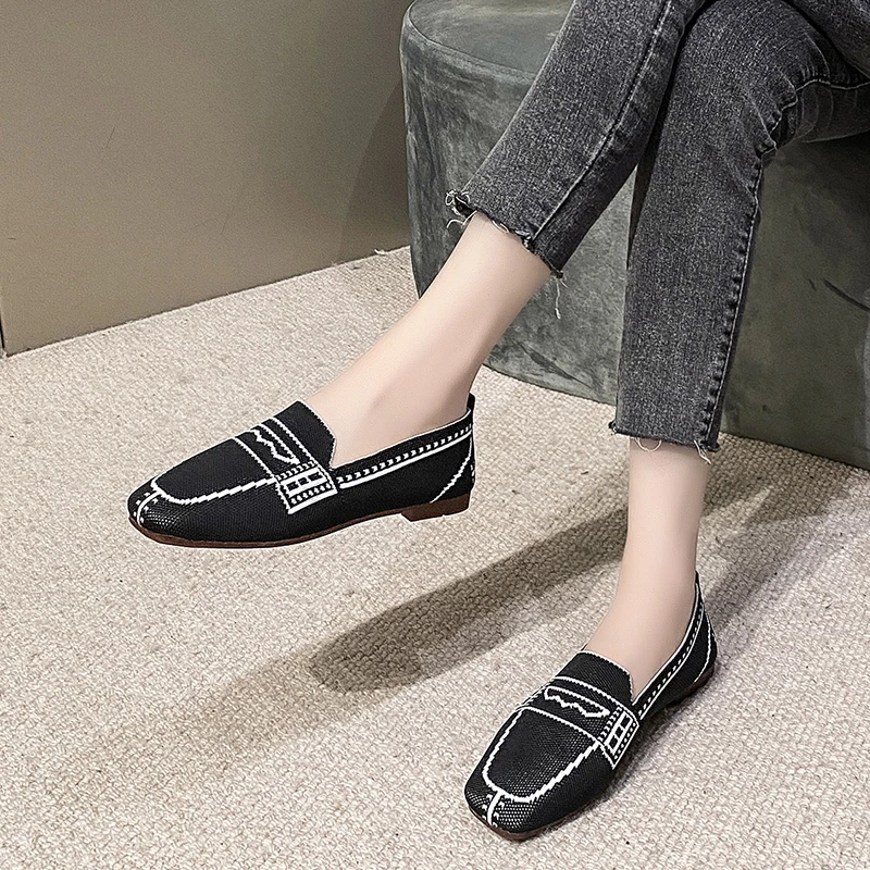

Women Round Toe Knitted Fabric Slip-On Loafers 2021 New Ballet Flats Breathable Vulcanized Shoes Driving Sneakers Boat Shoes