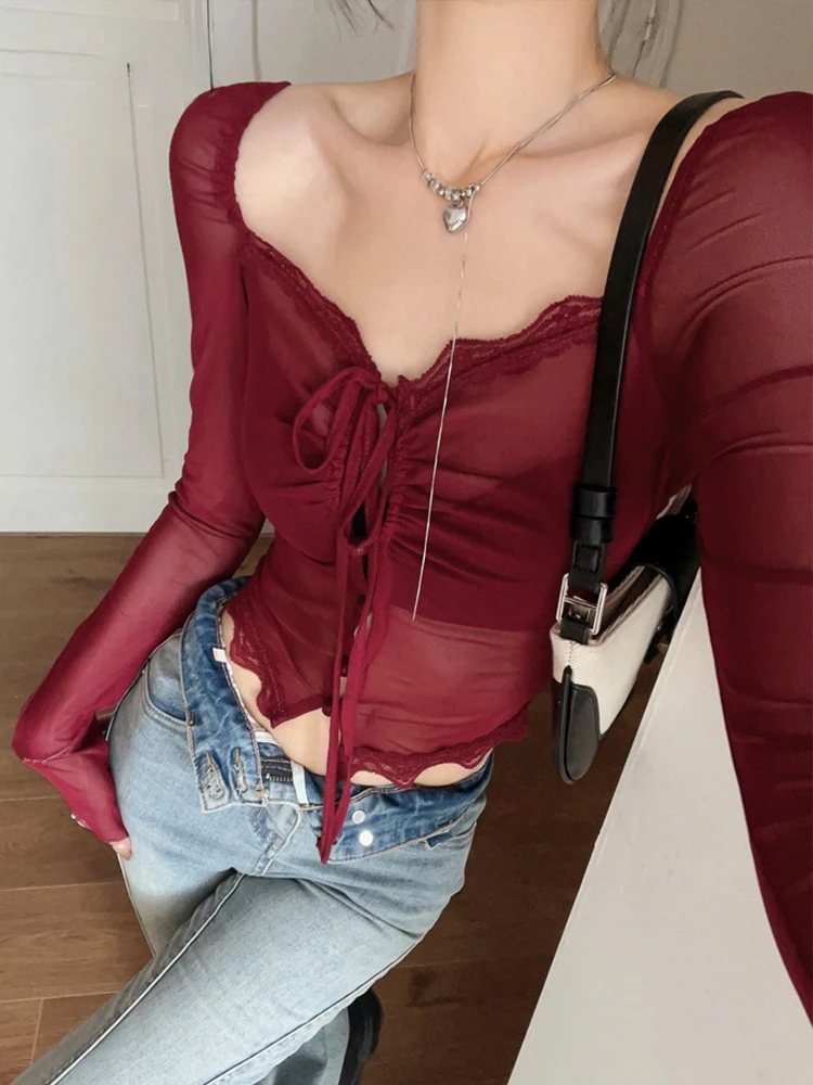 

Japanese See Through Mesh Tops Lace Up Y2k T Shirt Women Grunge Vintage Tops Fairycore Lace Cardigan Cropped V Neck Crop Tops