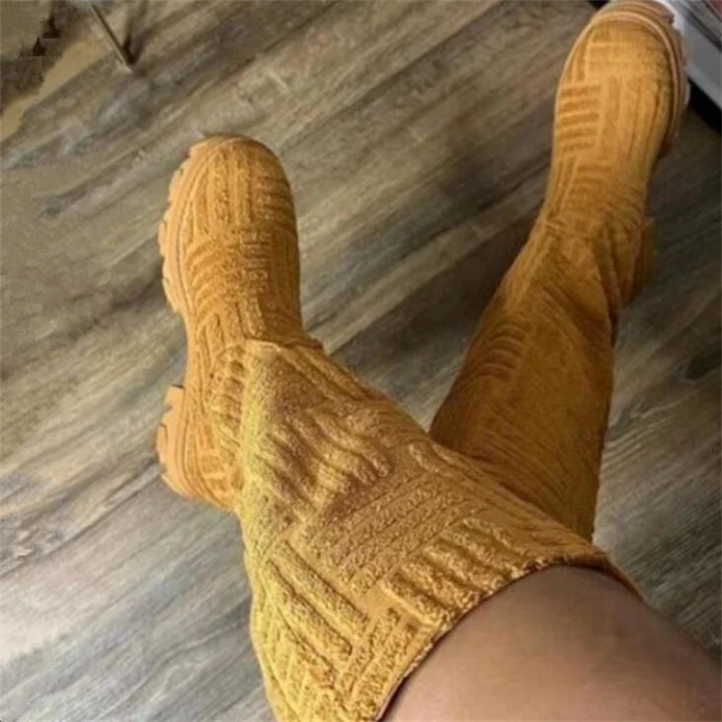 Luxury Brand Women's Towel Cotton Boots Autumn Winter Women Thick-soled Thick-heeled Warm Boots Round Toe Motorcycle Boots 36-43