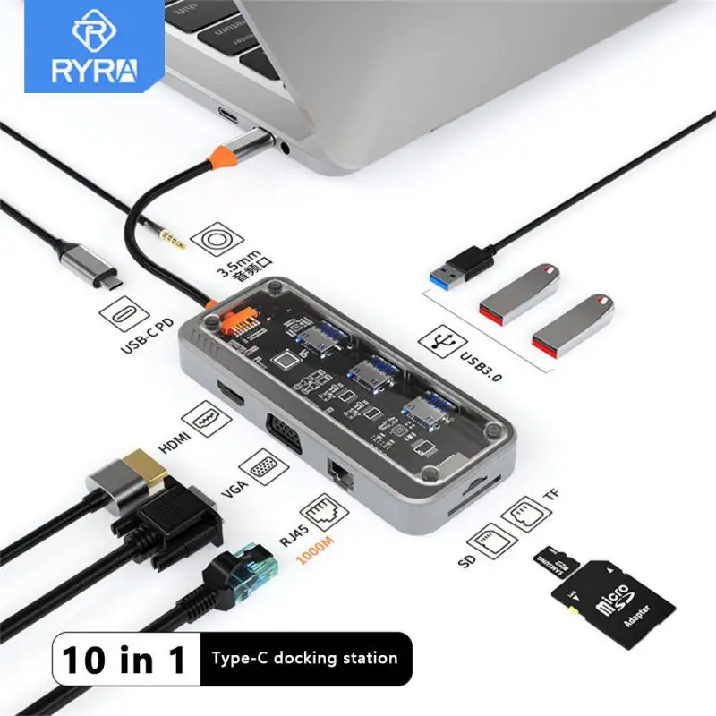 

RYRA USB Ethernet Adapter 1000/100Mbps USB3.0 2.0 HUB RJ45 PD 100W SD TF VGA 3.5mm Audio Docking Station For Laptop PC USB C HUB