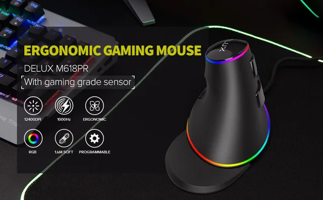 12800DPI Ergonomics Vertical Gaming Programmable Macro Delux M618 PLUS Wired Mouse 6 Buttons RGB Wireless Right Hand Mice 2