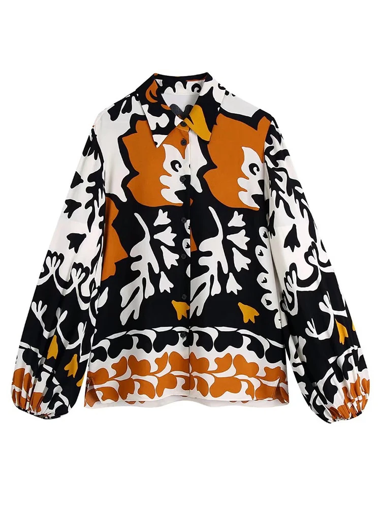 

Женские Весенние длинные рубашки Evfer с отложным воротником и длинным рукавом с модным принтом, повседневная однобортная Свободная блузка д...