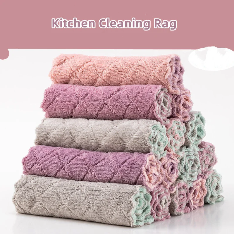 

5 Pcs Kitchen Cleaning Rag Coral Fleece Dish Washing Cloth Super Absorbent Scouring Pad Dry And Wet Towels