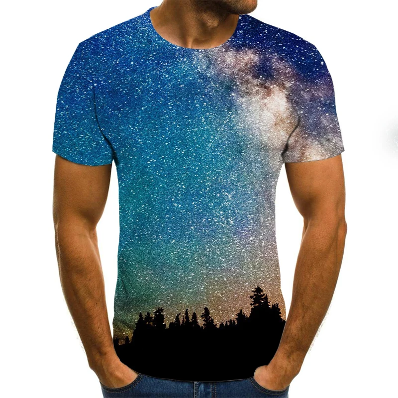 

Casual Sleeve Style 2000 New Starry Sky Men's T-shirt Beautiful Starry Sky Tops Printed Fashion 3D Short-sleeved Round Neck