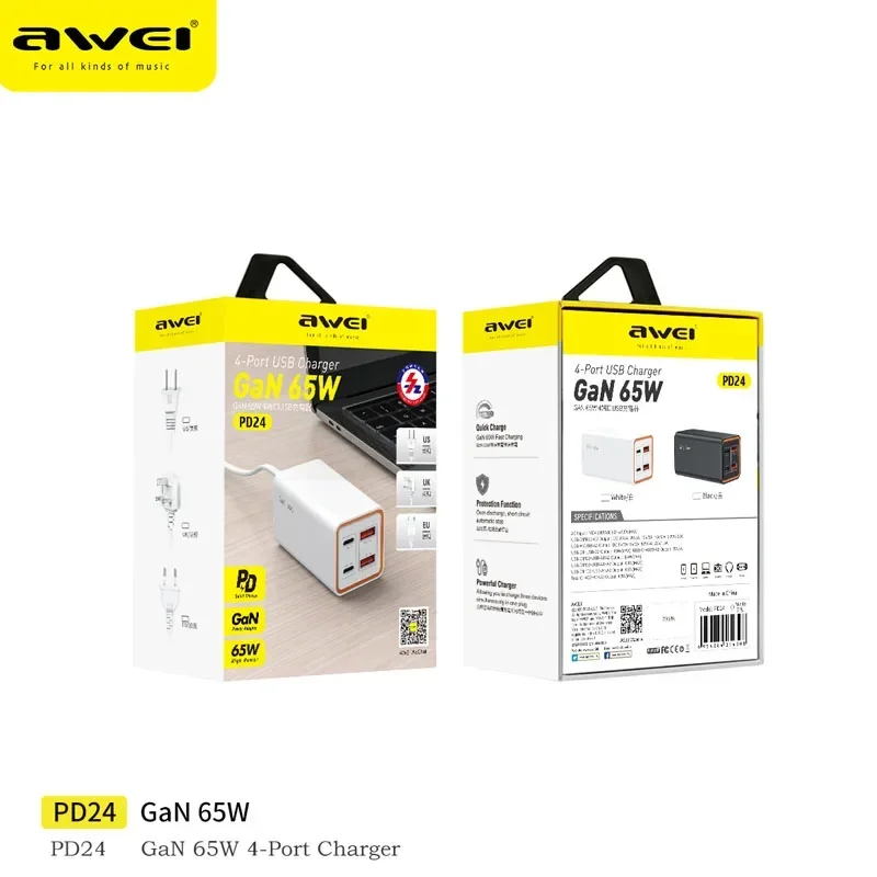 Awei PD24 GaN 65 Вт Быстрое зарядное устройство типа C PD USB Быстрая зарядка QC 4.0 3.0 для iPhone