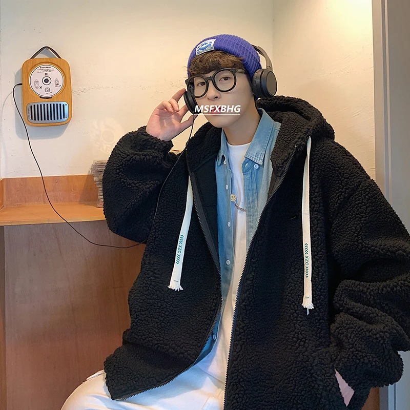 EOENKKY/Fleece Parkas Streetwear Lambswool Winter Jacket 2022 Windbreakers Hip Hop Patchwork Korean Fashions Zipper Coat