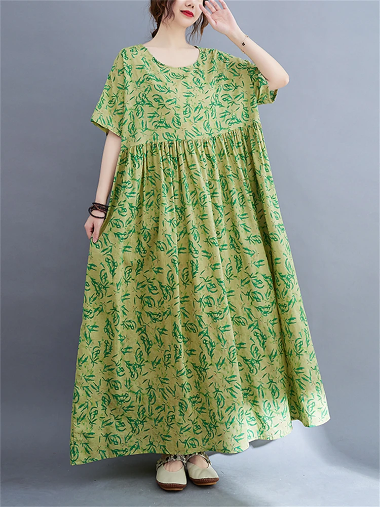 

Женское винтажное платье с коротким рукавом, зеленое хлопковое Повседневное платье с цветочным принтом, Элегантное Длинное платье, лето 2022