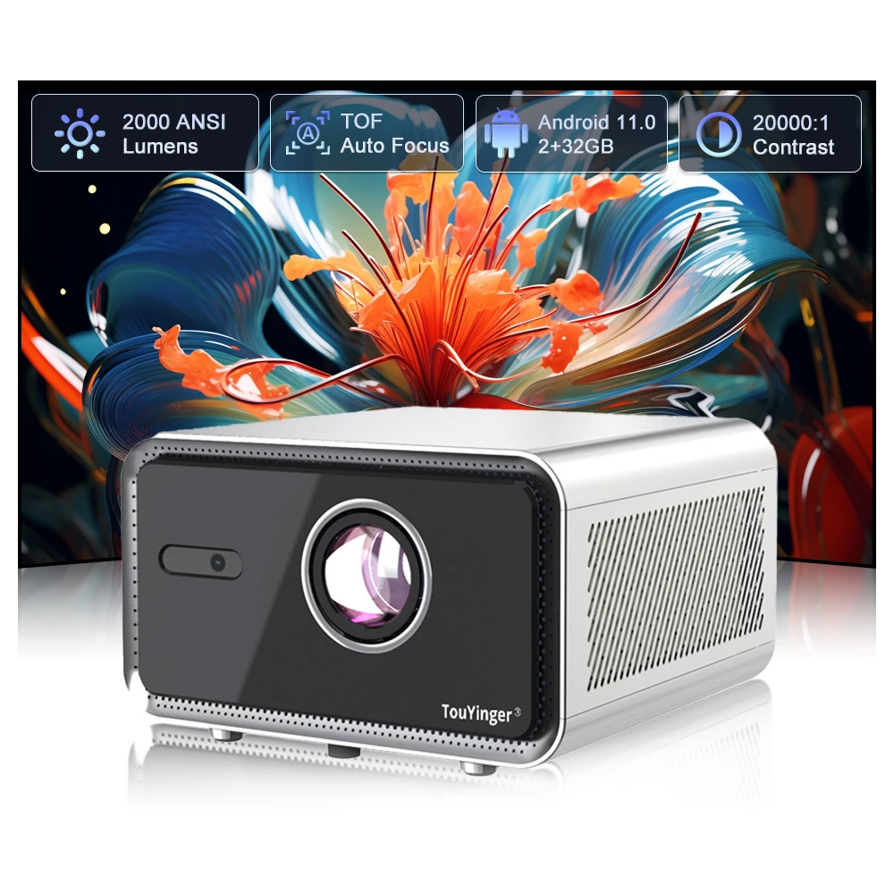 Фото Новый портативный LED-проектор Touyinger H7 с автофокусом, 2000 ANSI люмен, Full HD 1080P, для улицы, Android, 2 ГБ + 32 ГБ, для домашнего кинотеатра №1