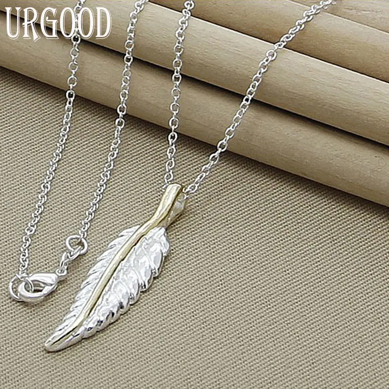 

925 Sterling Silver Golden Feather Pendant Necklace 16-30 Inch Chain For Women Party Engagement Wedding Fashion Jewelry