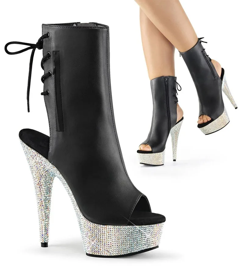 

New Pole Dance Shoes Rhinestone Platform Ankle Boots Lace Up 17Cm Stripper Heels Exotic Dancer Model Fashion 8Inch Glitter Stage