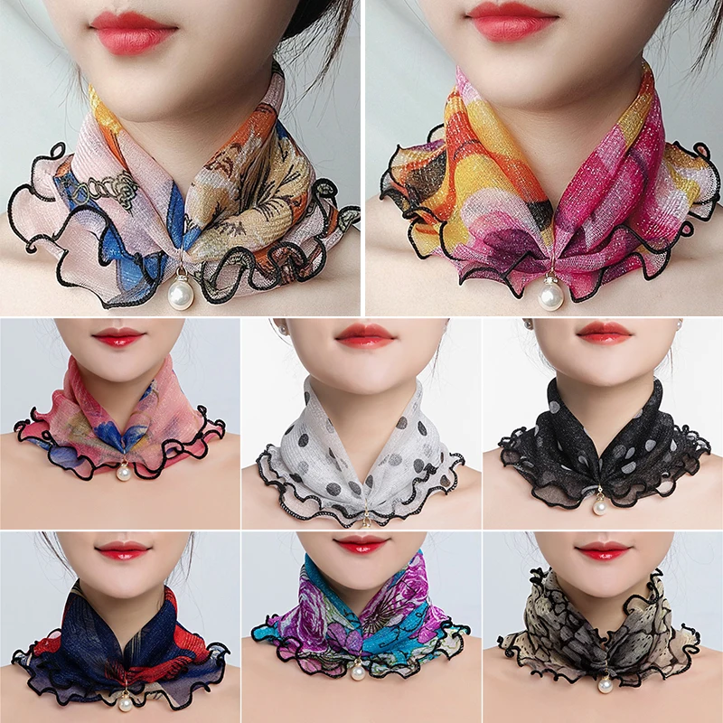 

Fashion Neck Collar Print Shiny Variety Loop Scarf Ruffle Lace Scarf Pearl Pendant Organza Chiffon Scarves Bandana Headband