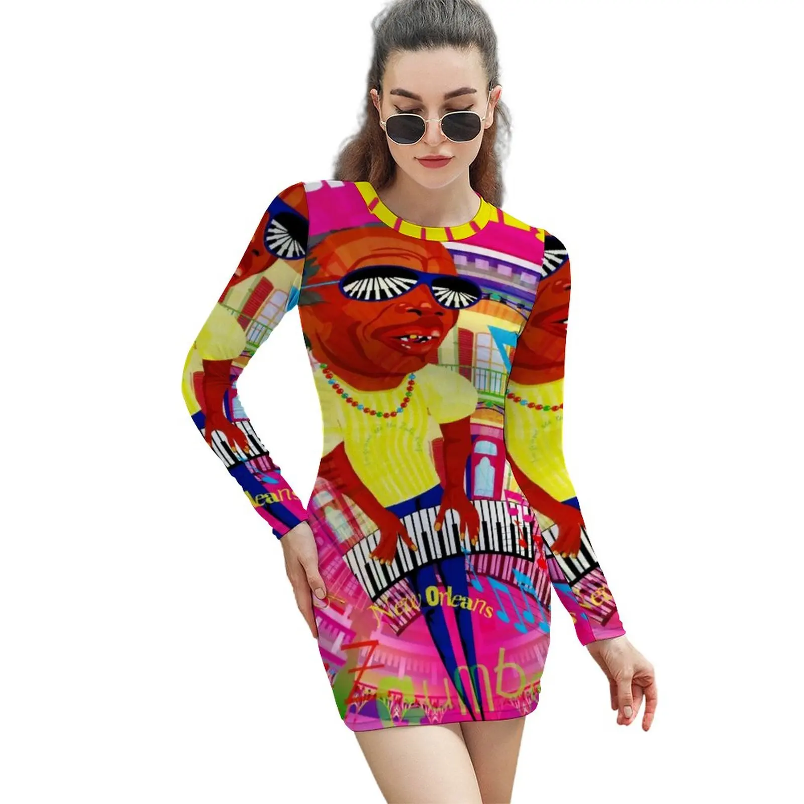 

Jazz Festivals Dress Long Sleeve JAZZ GUMBO Professor Aesthetic Dresses Holiday Modern Bodycon Dress Print Oversized Clothes