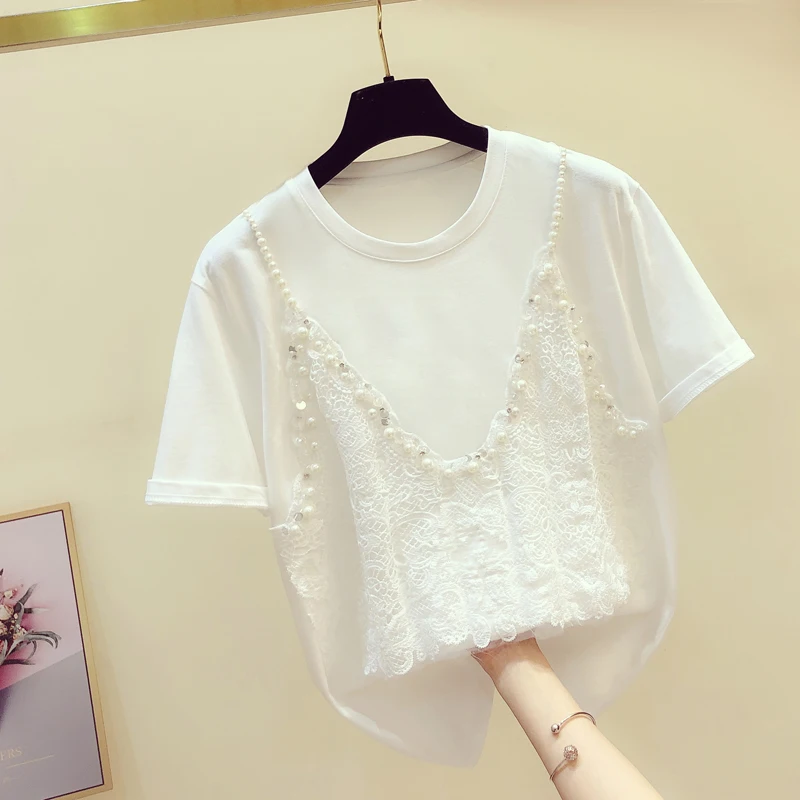 

Lace stitching T-shirt women short-sleeved 2021 summer new women GRAY22