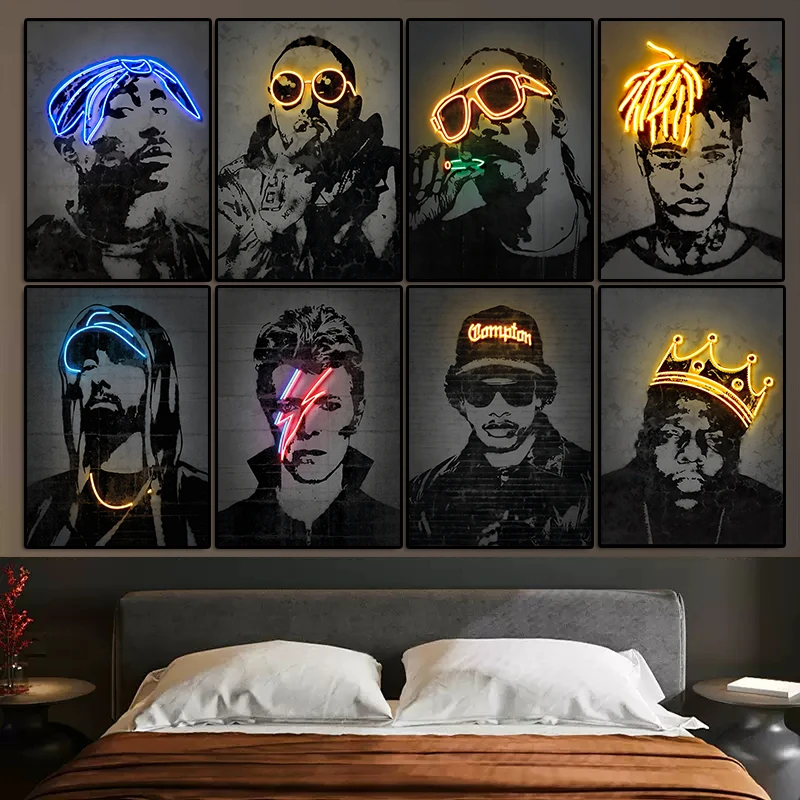 

Neon Effect Hip Hop Rapper Star Portrait Posters Canvas Painting Graffiti Singer Wall Art Modern Living Room Home Decor No LED