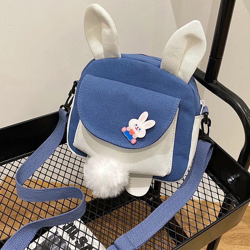 

Rabbit Canvas Zipper Bag Kawaii Japan Style Bag Crossbody Handbags Adjustable Shoulder Bags Furry Ball Decoration Messenger Bags