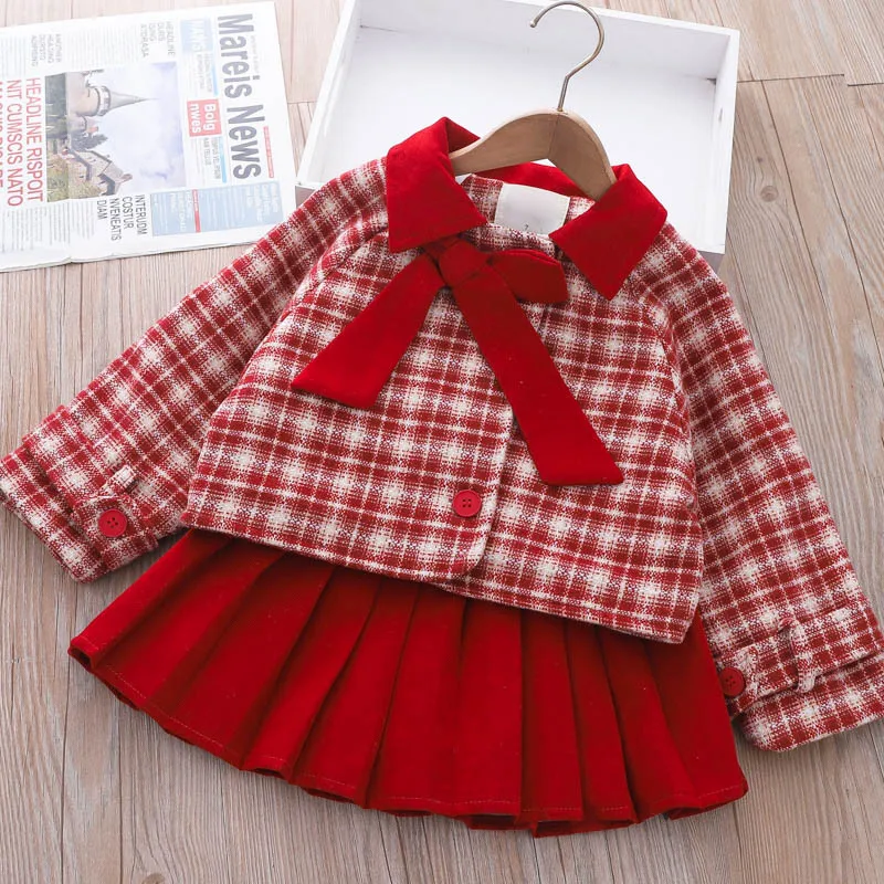

Girls Christmas Red Fall Winter New Girls Coat with Fleece Pleated Skirt Two-Piece Toddler Girl Clothes Set