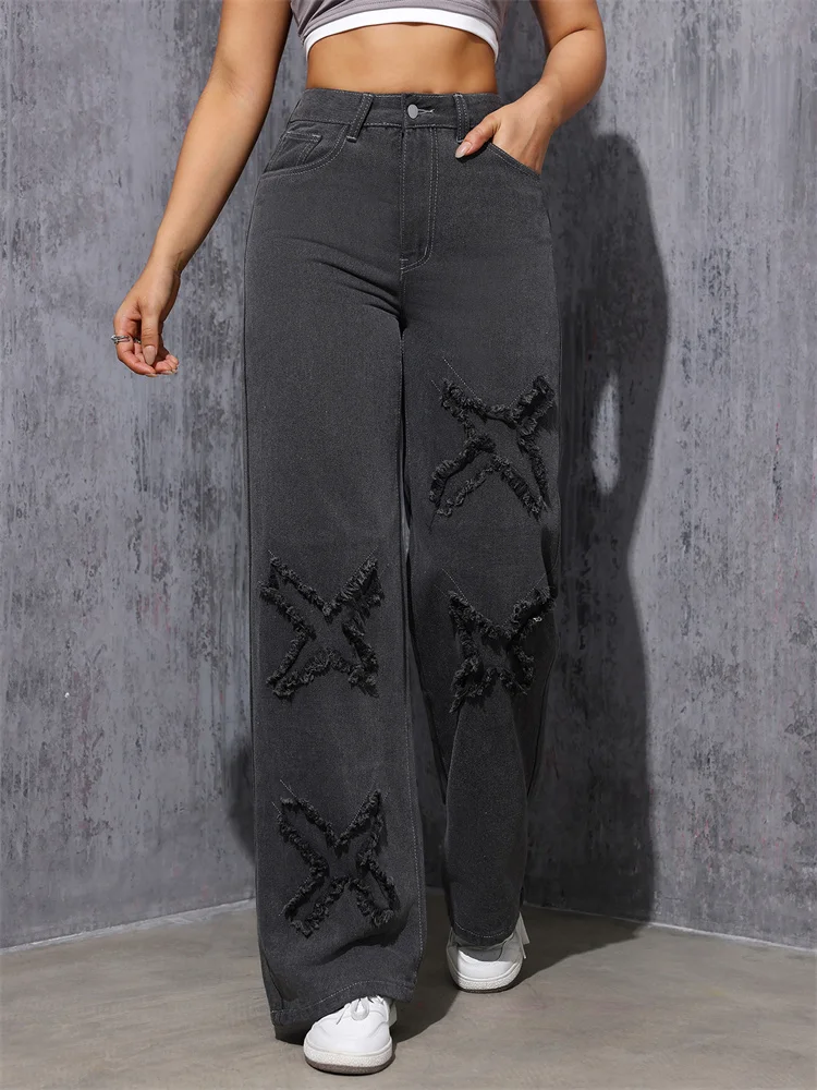 Брюки с надписью Personality X уличные узкие серые джинсы прямые брюки прямой талией