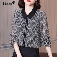 lattice vintage women chiffon blouse spring summer long sleeves lapel fashion office wear pullovers loose womens 5xl shirt 2022
