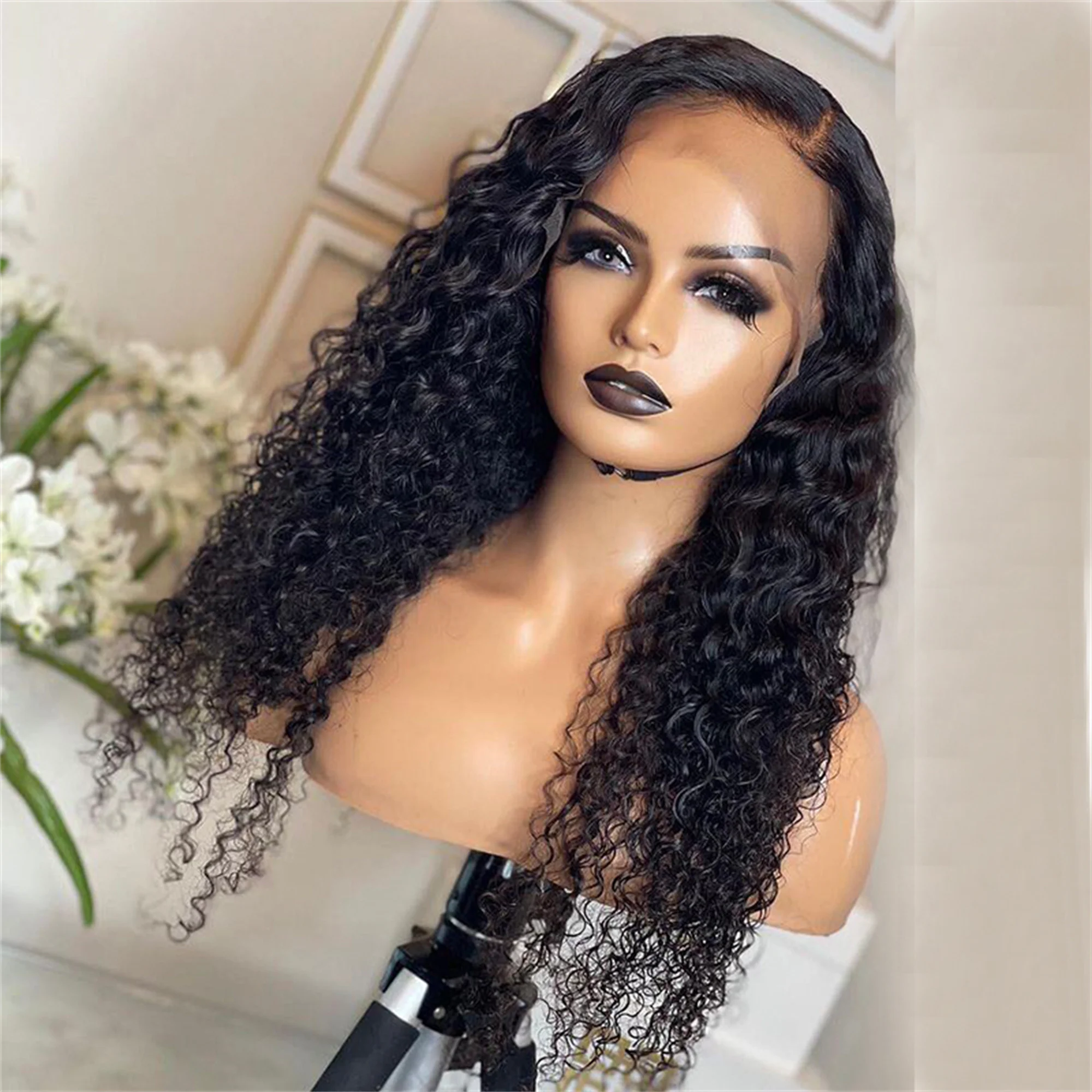 

Glueless180 Density Long Kinky Curly Lace Front Wig For Women With Babyhair Pre Plucked Daily Natural Black Wig