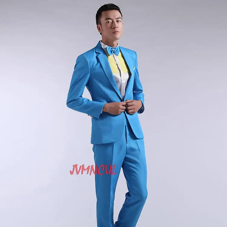 

Blue Red Yellow Green Suit Men New Long-Sleeved Men's Suits Dress Hosted Theatrical Tuxedos For Men Wedding Prom 2 Pieces