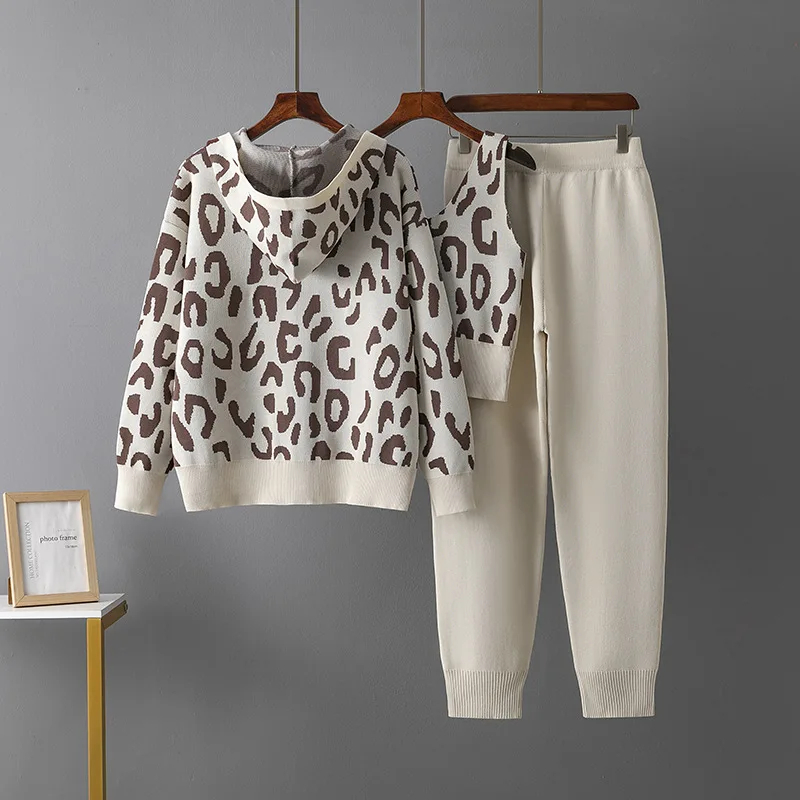 Корейский дизайн вязаный комплект из трех предметов женский леопардовый