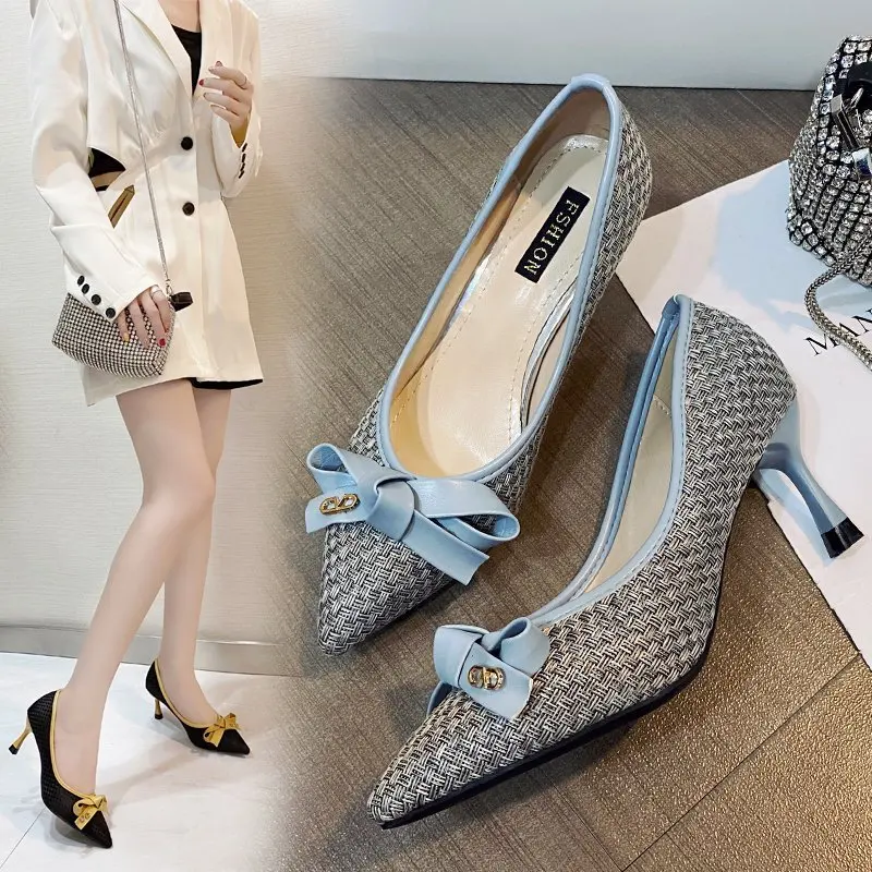 

6CM Workplace Bow Decoration Ladies High Heels Daily 2022 Spring and Autumn New Fashion Gray Retro Sandals