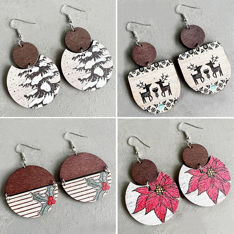 

Christmas Boho Earrings Retro Wooden Geometric Mosaic Floral Snowflake Earrings For Women