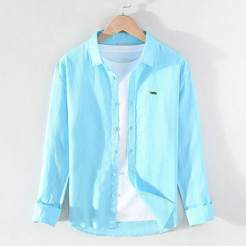 Рубашка мужская с вышивкой и логотипом брендовая Повседневная льняная хлопковая