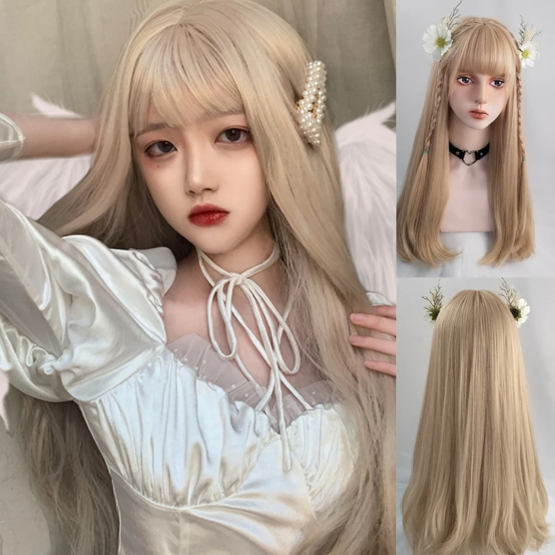 

GAKA Blonde Synthetic Wig Long Wavy Wig With Bangs Lolita Cosplay Daily Party Heat-Resistant Fiber Natural Wig