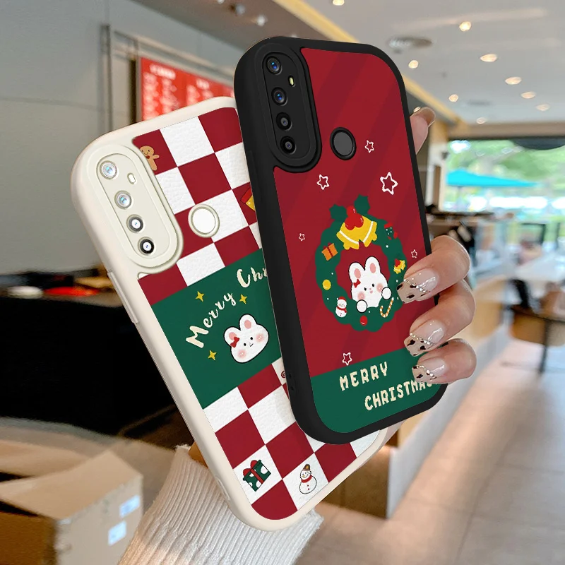 

Christmas Bunny Lambskin Leather Phone Case for Realme 5 5i 5S 6 6i 6S Realme 7 4G Global 7i 8 Pro C17 Narzo 20 Pro