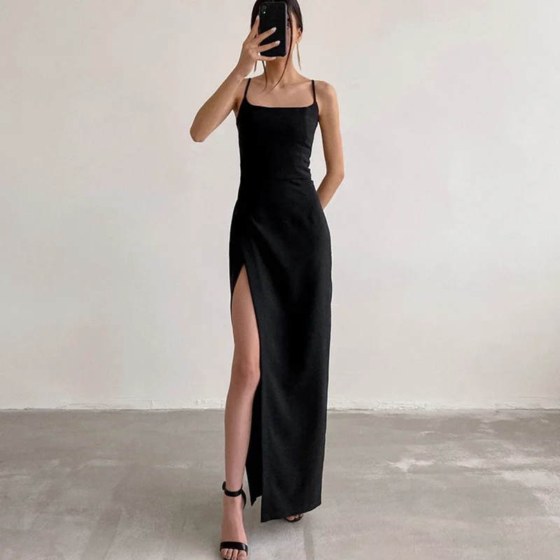 

Light mature temperament Slim fit Slim knee length skirt ins Fashion Irregular High Waist Split Black Dress Women