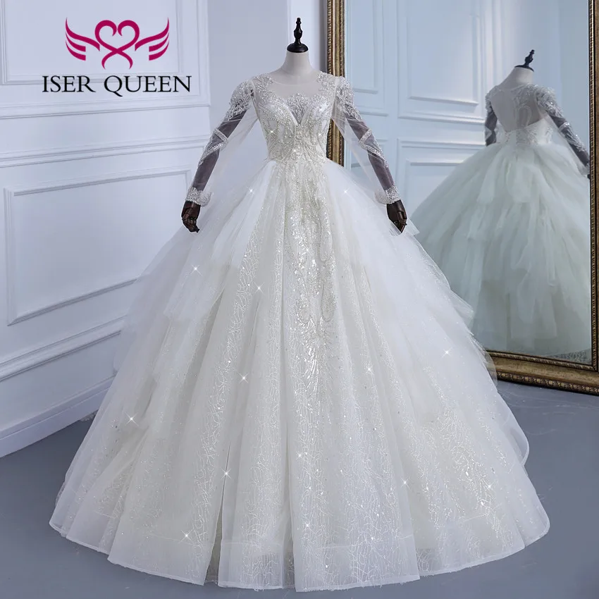 

See Throught Long Sleeves Ball Gown Wedding Dresses 2023 New Guilter Tulle Plus Size Europe Wedding Gowns For Bride WX0305