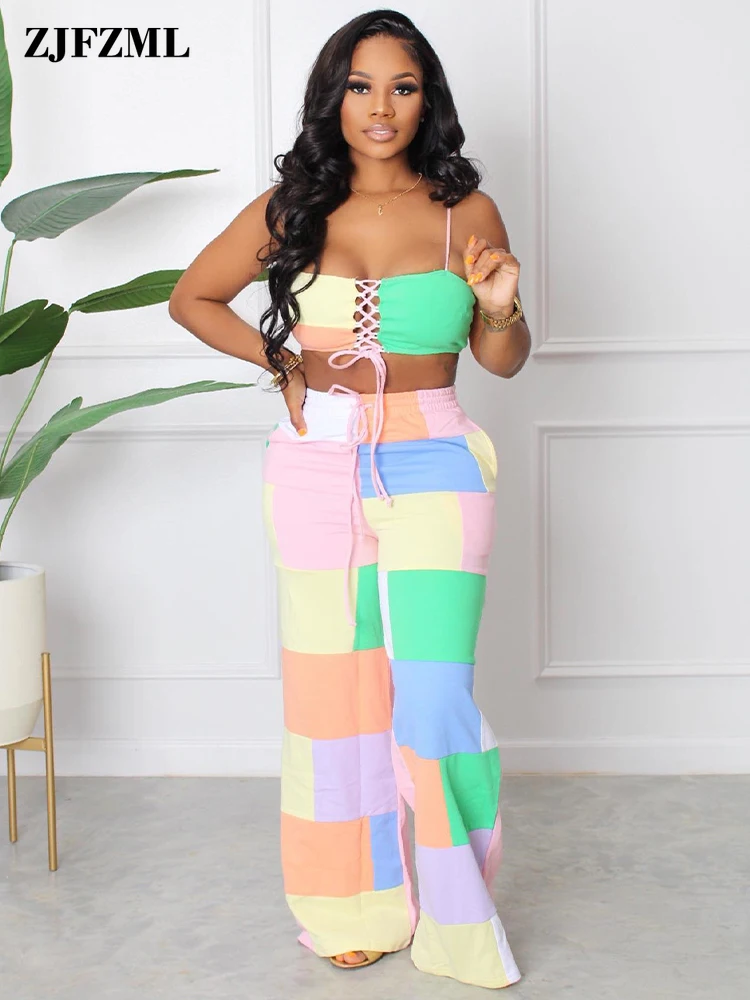 

Color Block Plaid Stitching Two Piece Set Women Sexy Camisole Lace Up Drawstring Bra Top + High Waist Wide Leg Pant Female Suits