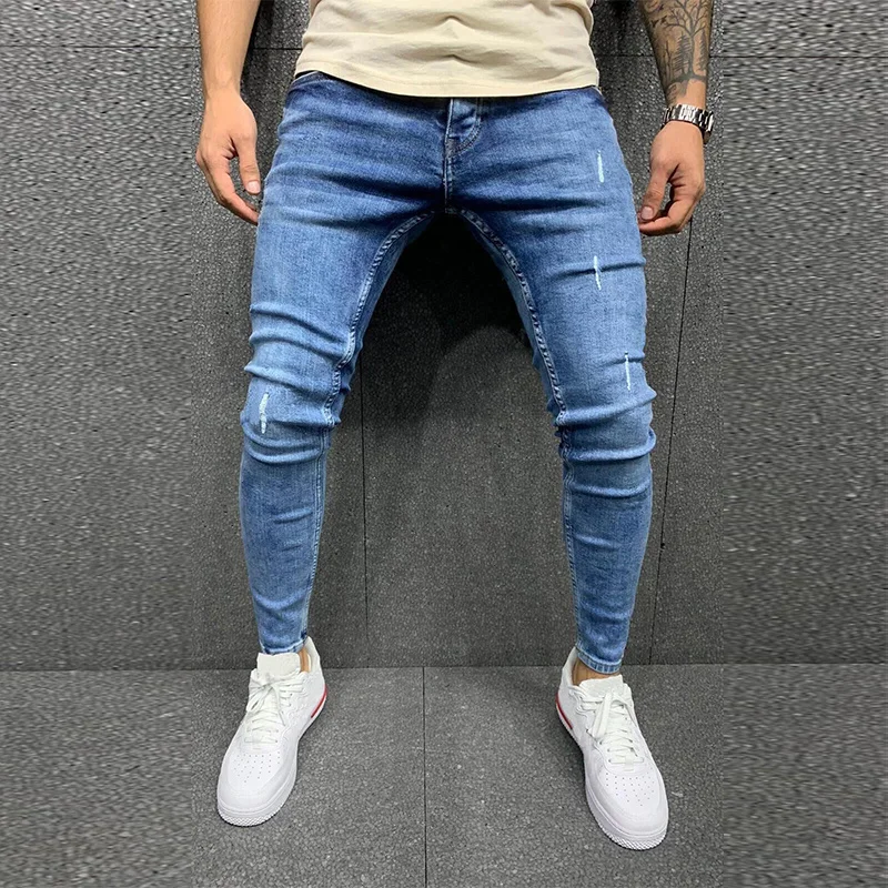 

Мужские Узкие синие джинсы, популярные облегающие джинсовые брюки с царапинами, брюки-карандаш, Осенние уличные джинсовые брюки в стиле хип-хоп, модная мужская одежда