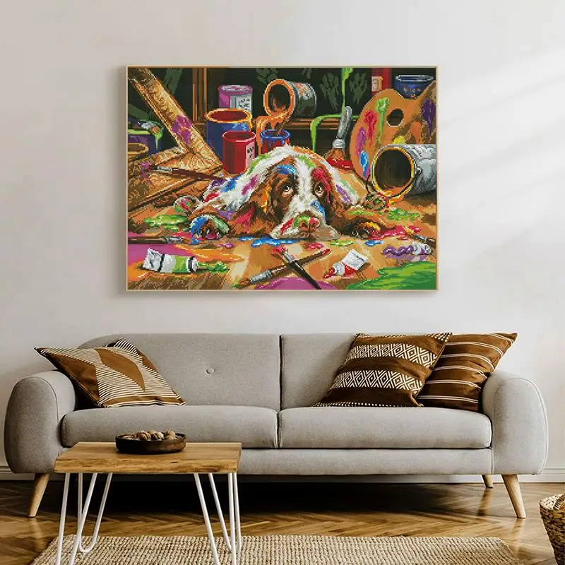 Щенок любит рисовать. Животные узоры. Набор для вышивки крестом. 14CT 16CT 11CT. Белый