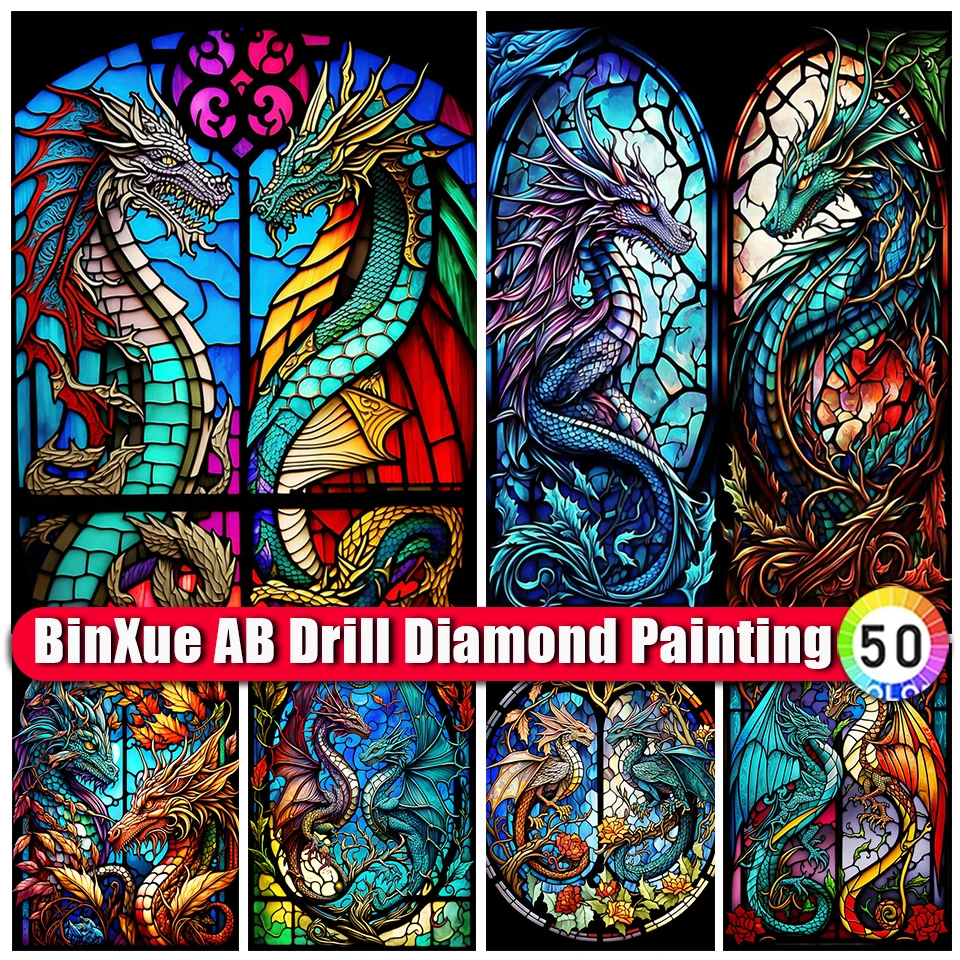 

BinXue 5D DIY Stained Glass AB Diamond Painting Couple Dragon Wings Cross Stitch Animal Flowers Handmade Mosaic Art Home Decor