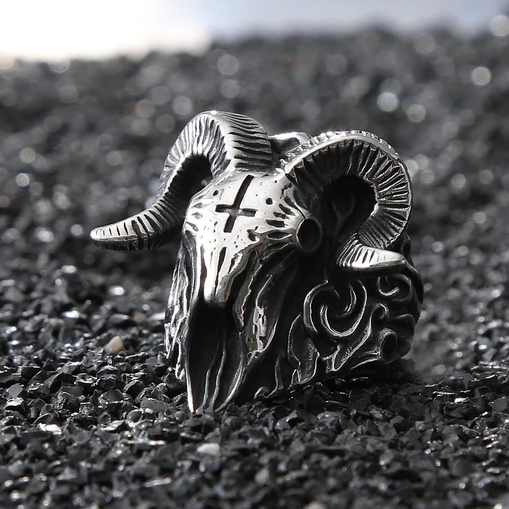 Gothic Lucifer Vintage Satan Sheep Rings For Men Punk Hip Hop Stainless Steel Skull Men's Ring Fashion Jewelry Gift