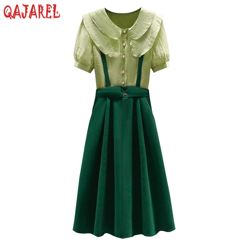 

Summer Korean Fashion Elegant Casual Two Piece Sets 2022 Women New Solid Chiffon Doll Collar Blouses+Hlaf Lenth Strap Skirt Sets