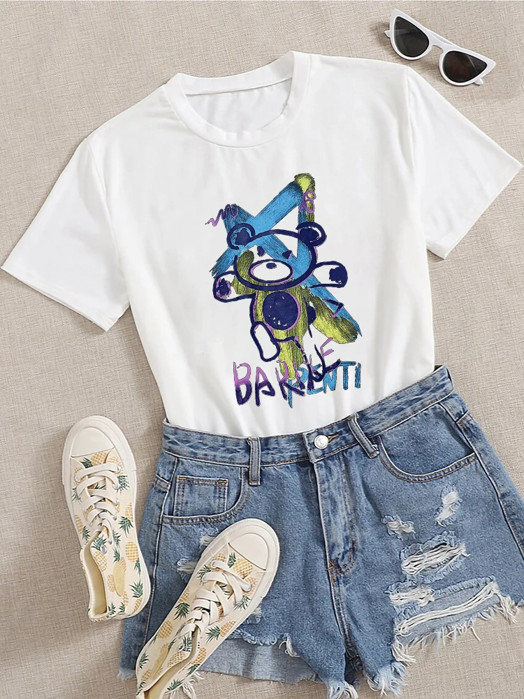 

Kawaii Bear In Paint Style Мультяшные женские футболки, уличная футболка с круглым вырезом в стиле хип-хоп, спортивные крутые летние дышащие топы с коро...