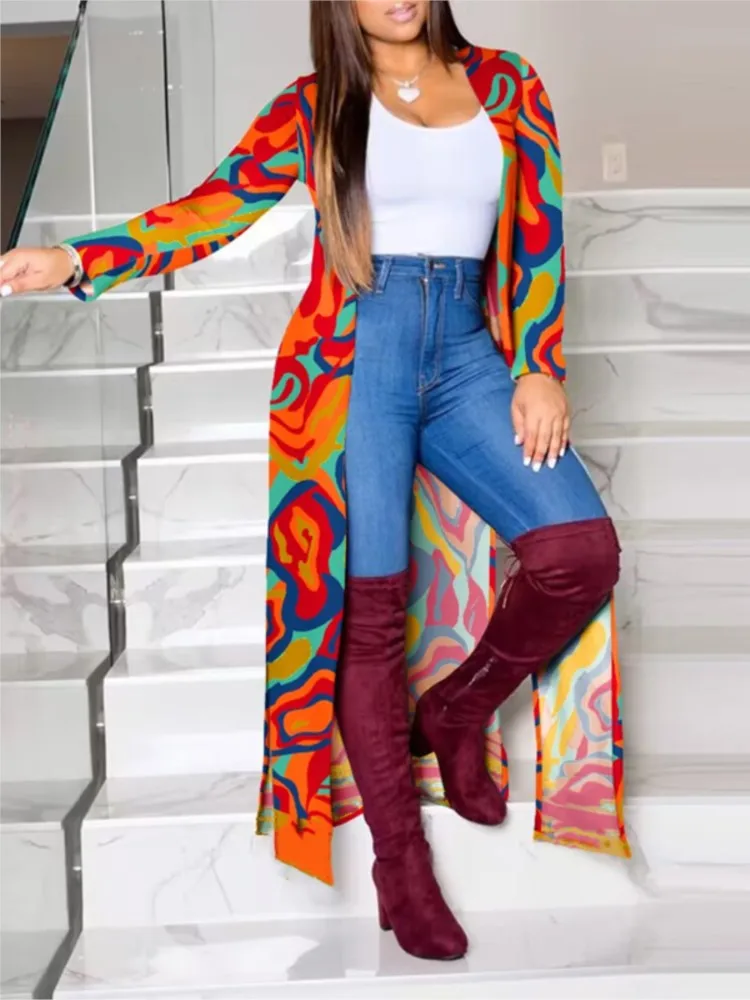 

Vintage Printed Cardigan Coats Women 2023 Autumn New Fashion Casual Long Sleeve Office Lady High Street Thin Shawl Outwear