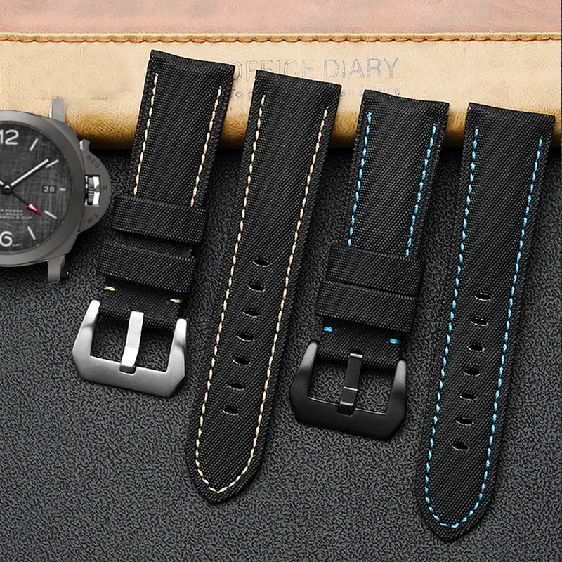Nylon Texture Leather Watchband for Panerai PAM01661|441 Marina Watch Strap Black Blue 22mm 24mm 26mm belt Accessories Bracelets